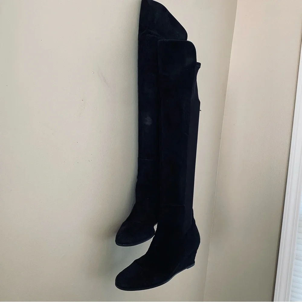 Stuart Weitzman Luxury Classic Black Suede Leather & Neoprene Stretch Calf Boots